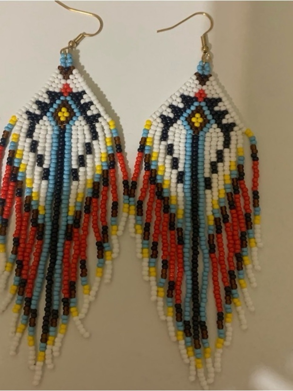 Boho Beaded Fringe Earrings in White, Turquoise & Red